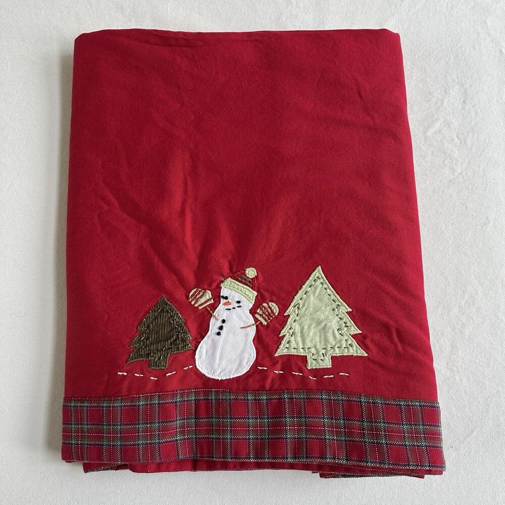 POTTERY BARN KIDS Snowman Applique Tablecloth Red Plaid Trim 66"x66" Christmas